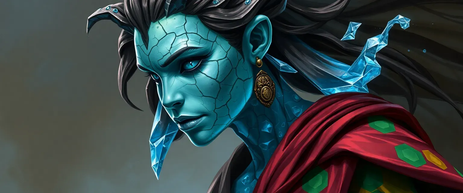 Half earth, half water genasi with cracked, crystal-filled skin, wearing a colorful tunic and cloak.