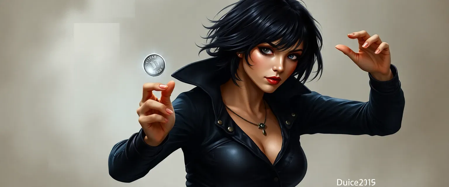 Mid-20s woman with short, black hair, dressed in dark leathers, agile and lithe, twirling a coin.