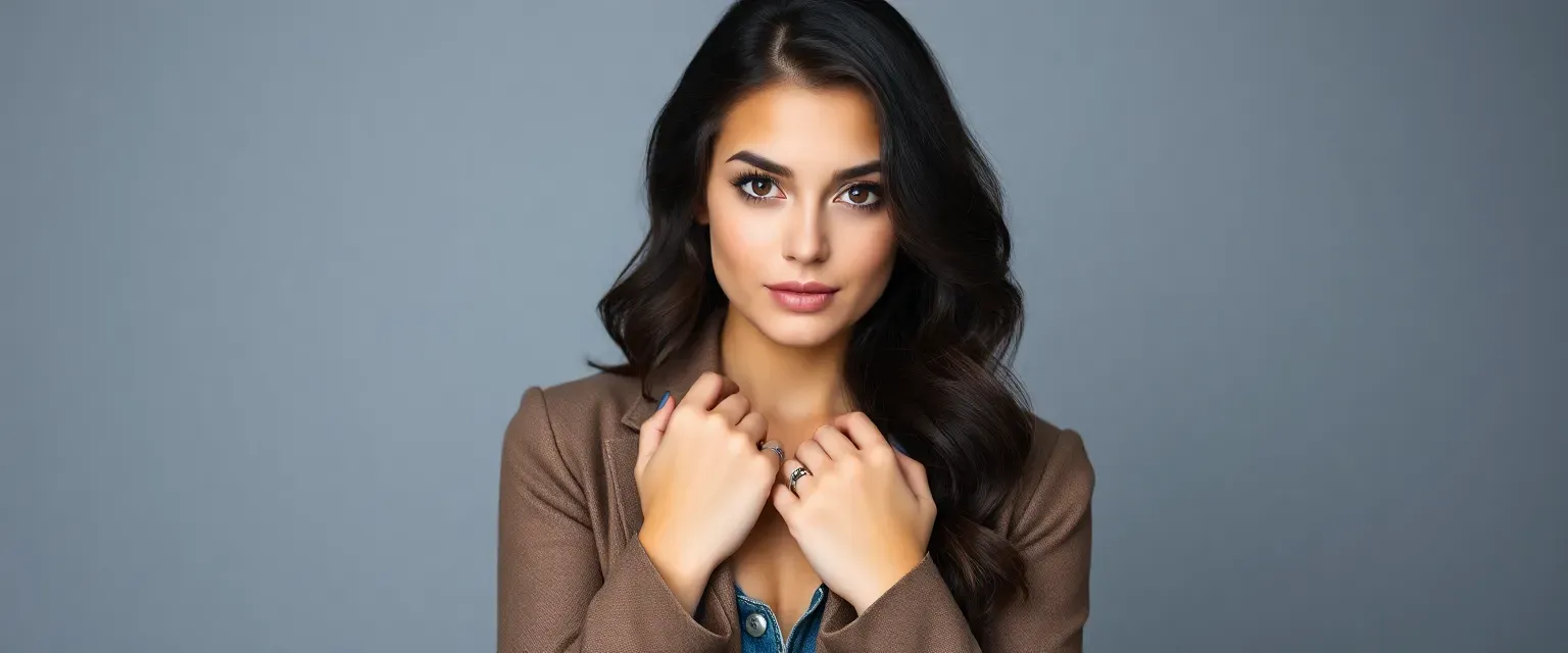 Young woman with dark wavy hair and hazel eyes, wearing jeans and a blazer, adorned with rings.