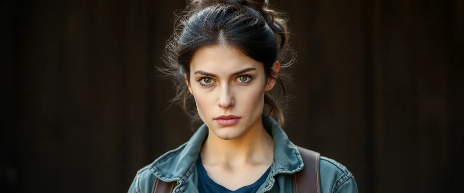 Late twenties woman with dark hair in a messy bun, deep brown eyes, wearing jeans and a worn-out jacket, stern expression.