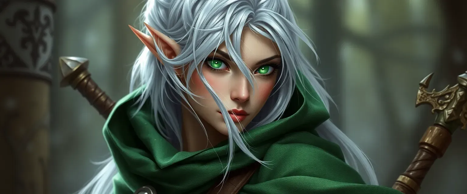 Silver-haired elven rogue with emerald eyes, wearing a forest green cloak with shimmering threads.