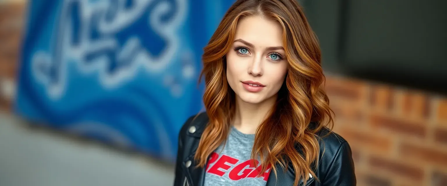 27-year-old woman with wavy caramel hair, hazel green eyes, wearing tee shirts, baggy jeans, and a leather jacket.