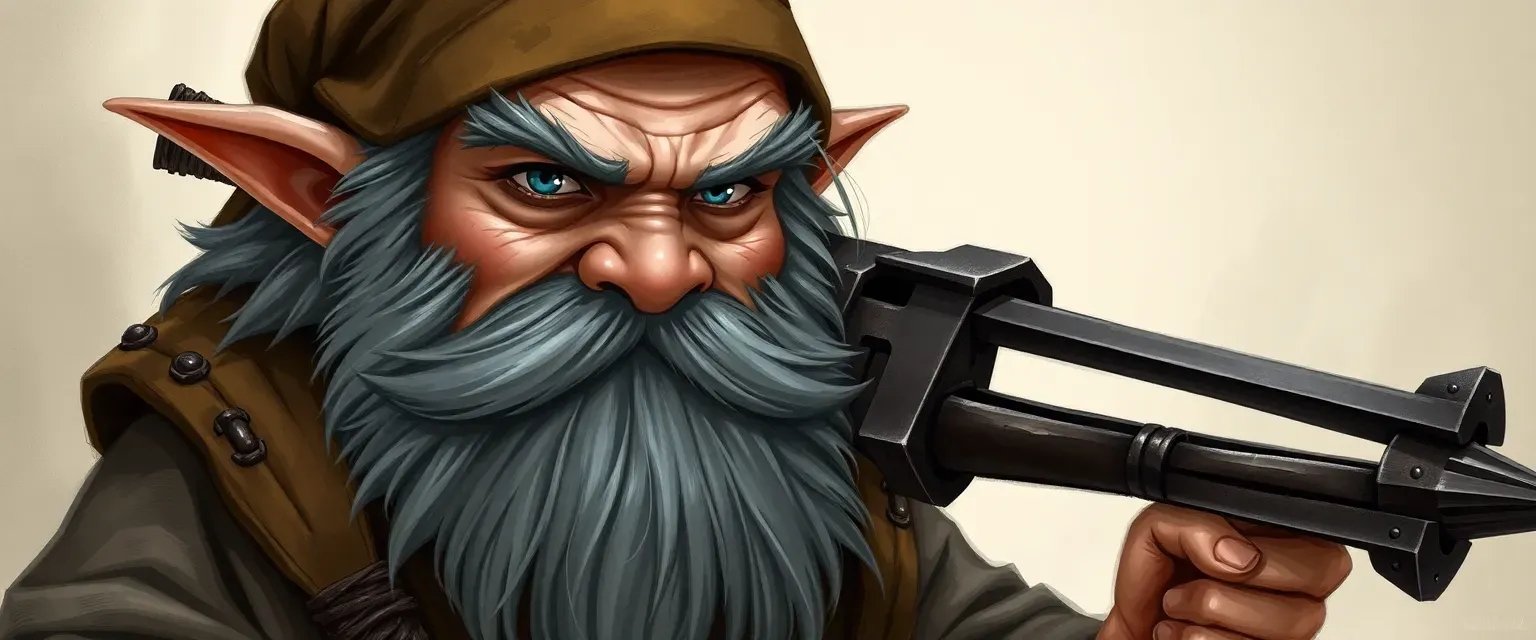 Stout dwarf, grizzled gray beard, piercing blue eyes, cleric robes, short sword, crossbow.