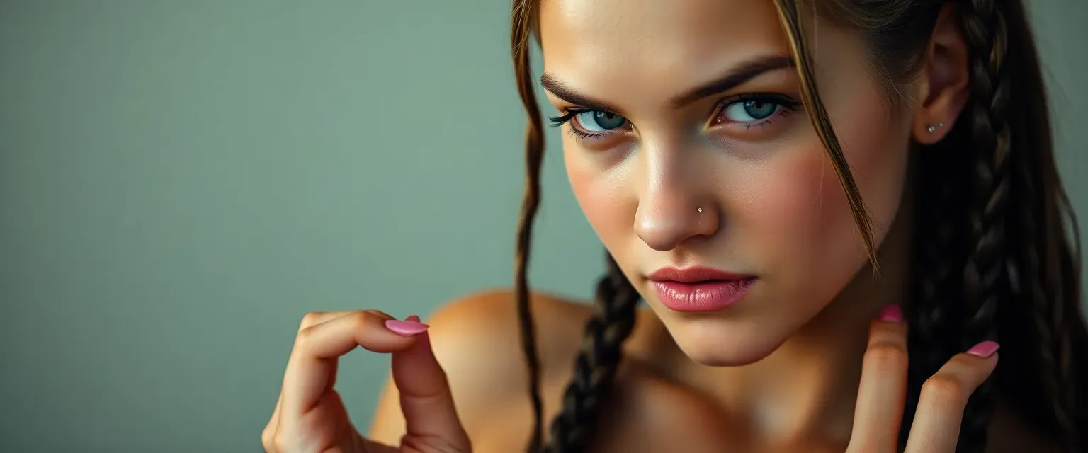 17-year-old Freya with long light black Dutch braids, golden skin, muscular build, pink nails, lip gloss, nose piercing, and a mischievous glint in her eyes.