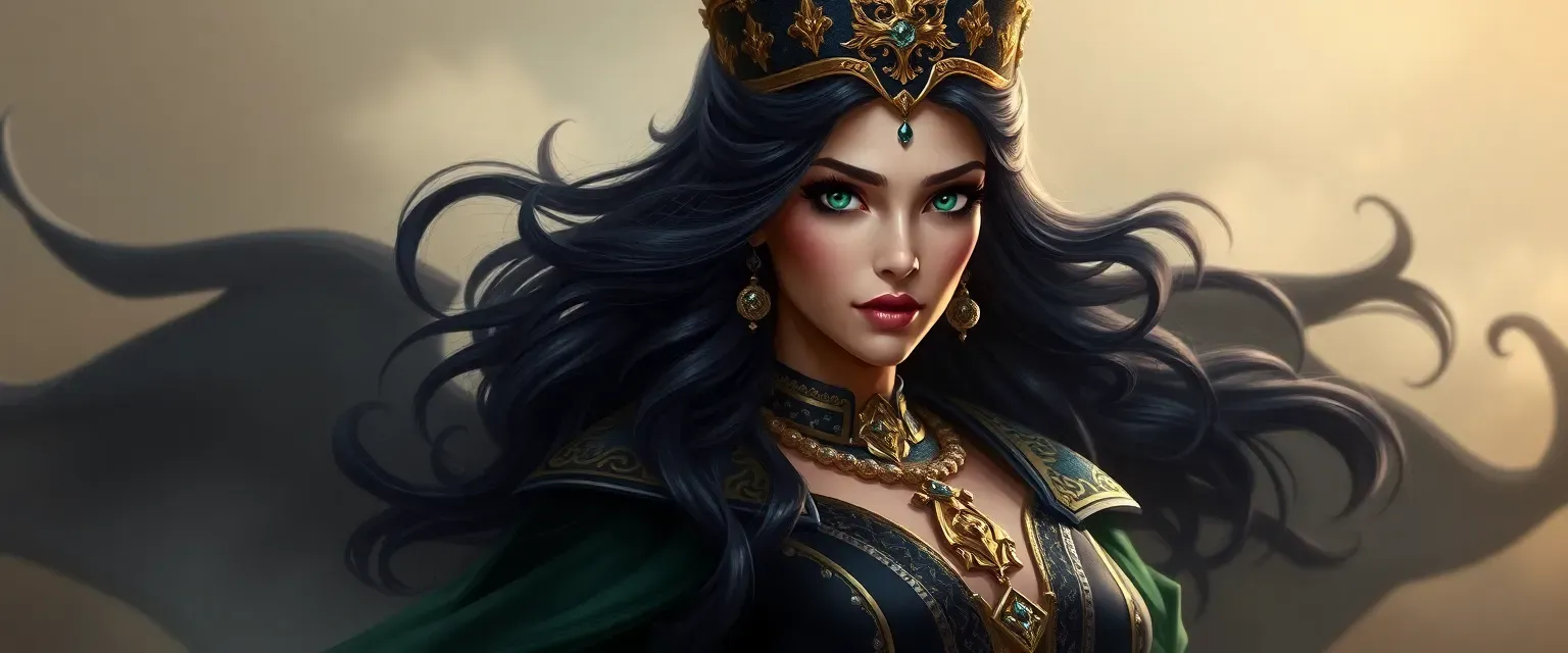 42-year-old empress with raven-black hair, emerald eyes, and a regal, imposing figure in luxurious attire.