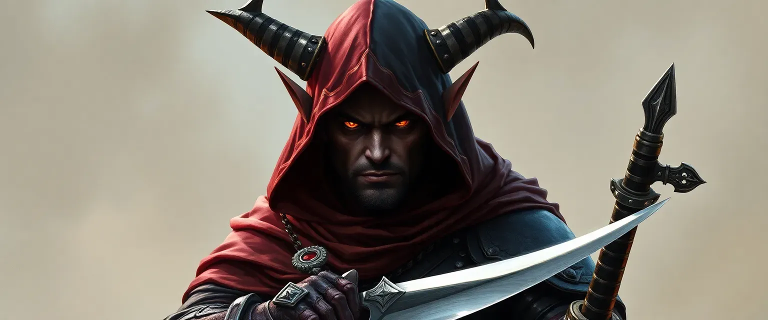 35-year-old Tiefling male, black and red leather armor, cloak covering half his face, dual swords and daggers, fiery red eyes, curved horns.