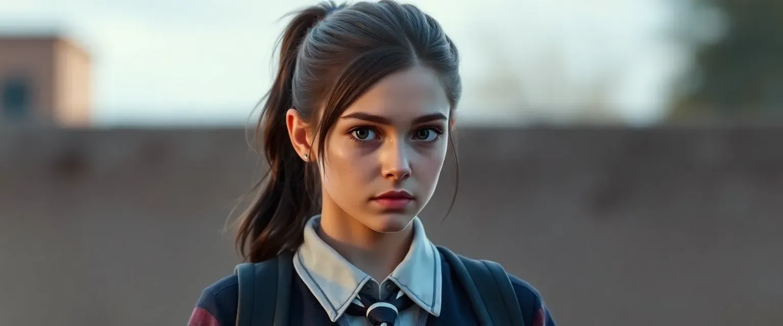 17-year-old girl, dark brown hair in ponytail, sharp observant eyes, school uniform, bitten on left arm, half-human, half-zombie.
