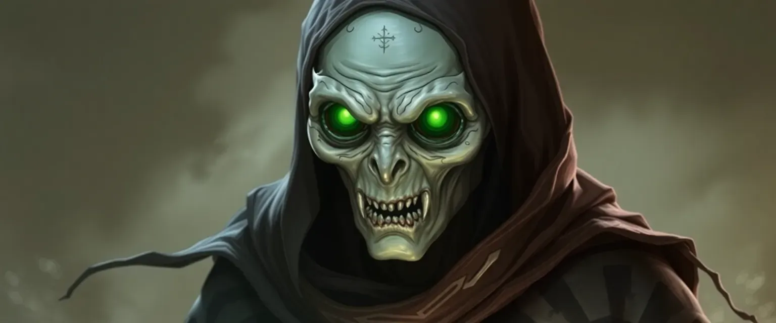 Pallid undead mage with glowing green eyes, wearing a tattered, symbol-covered robe.