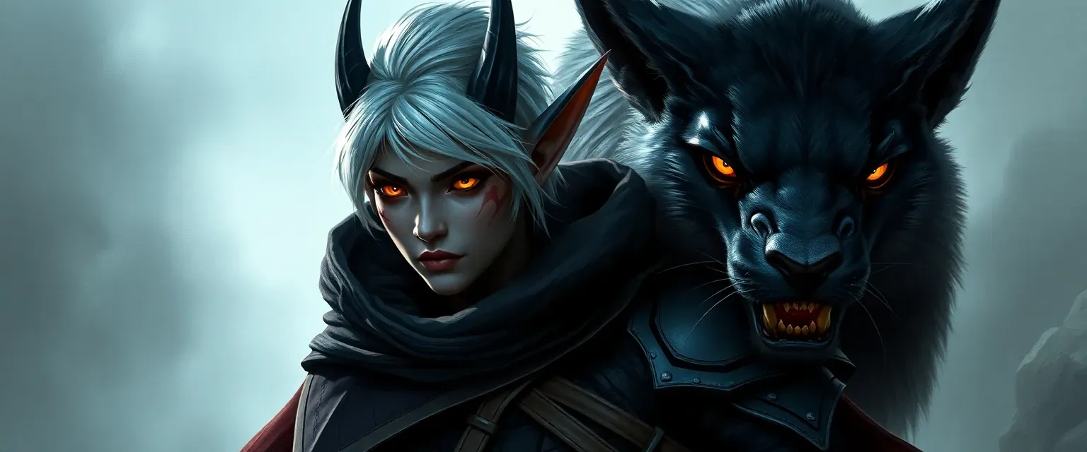 A 28-year-old dark elf warrioress with obsidian skin, glowing ember eyes, short silver hair, scarred cheek, wearing black leather armor and cloak, accompanied by a massive black lynx-like barghest.