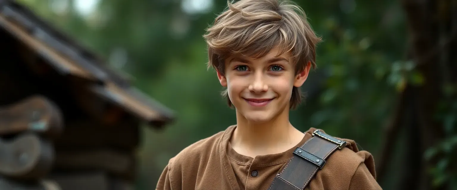 Young man with unruly brown hair, bright eyes, wearing a simple tunic and breeches, often with a mischievous grin.