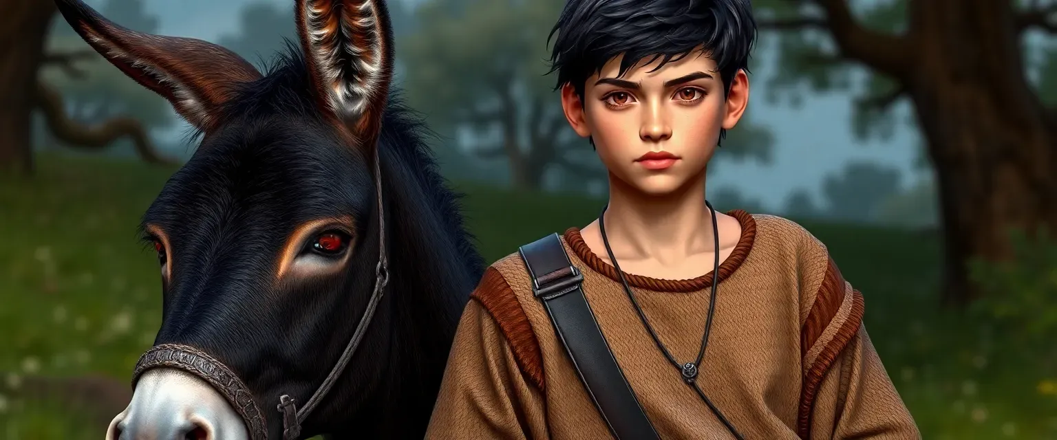 Young Slavic shepherd with dark hair and hazel eyes, wearing a woven tunic and breeches, accompanied by his donkey Dodo.