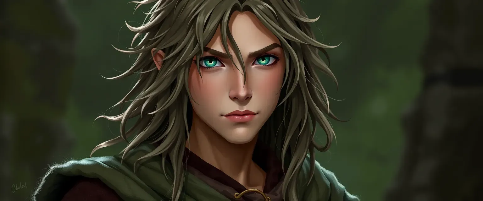 Youthful wizard-druid with long, unkempt hair and green eyes, wearing a blend of robes and druidic garments.