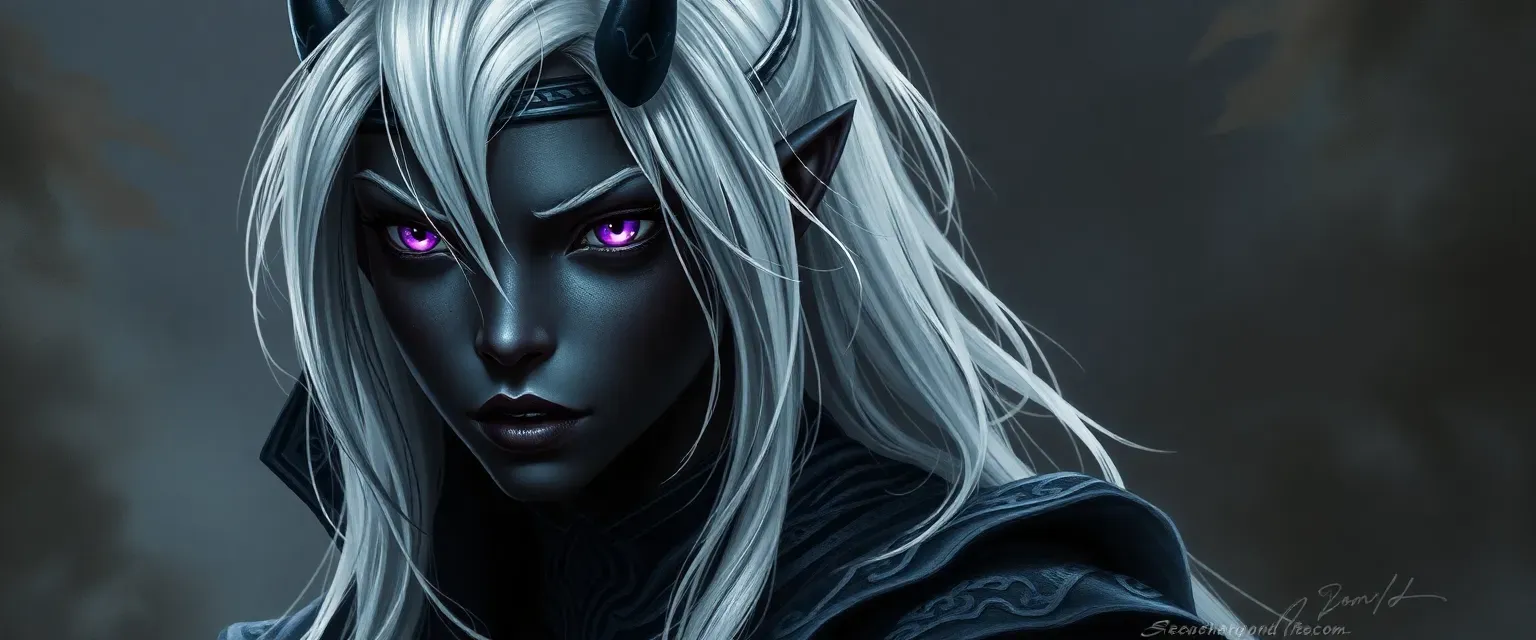 Young drow woman with silver hair, ebony skin with tattoos, and piercing violet eyes, wearing dark, intricate robes.