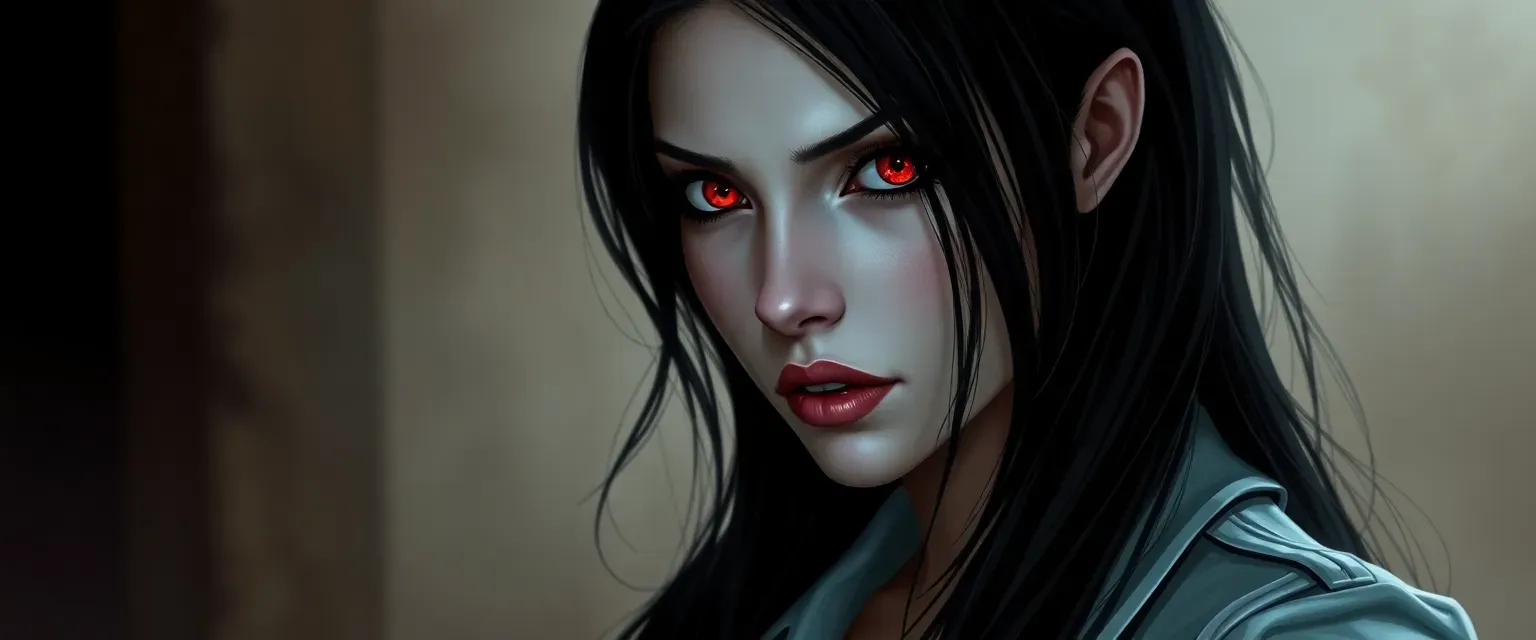 32-year-old female vampire with long dark hair, pale skin, and piercing crimson eyes, wearing a nurse's uniform.