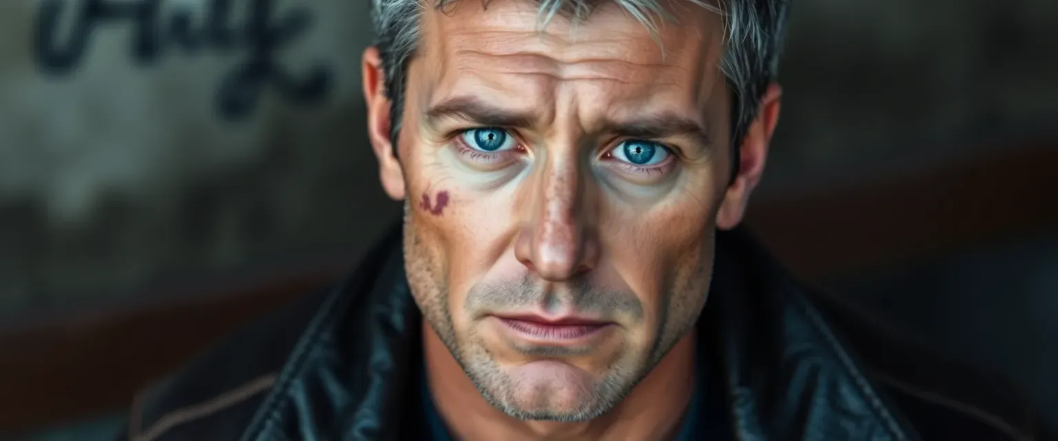 Rugged 38-year-old man with a scar, blue eyes, muscular, wearing a worn leather jacket, short gray-black hair.