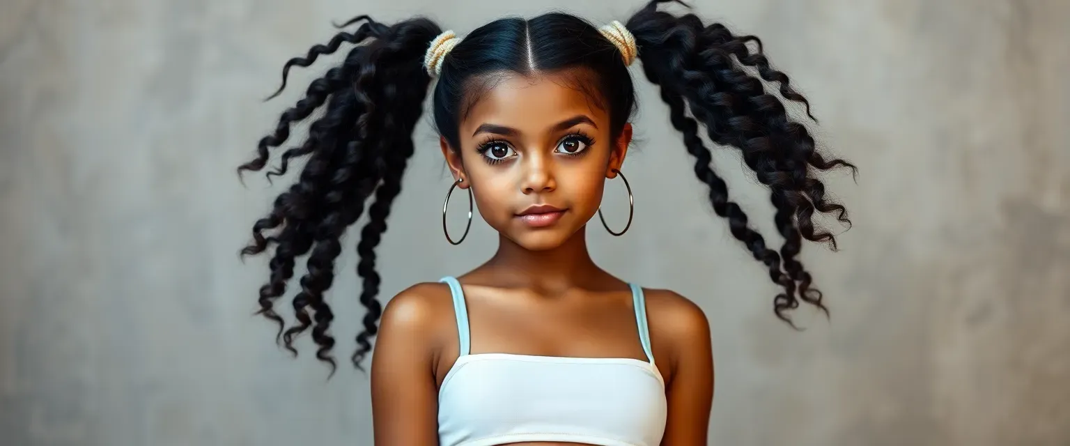 17-year-old girl with dark chocolate hair in ponytails, heterochromatic eyes, soft curvy body, wearing denim shorts, white crop top, and sneakers.