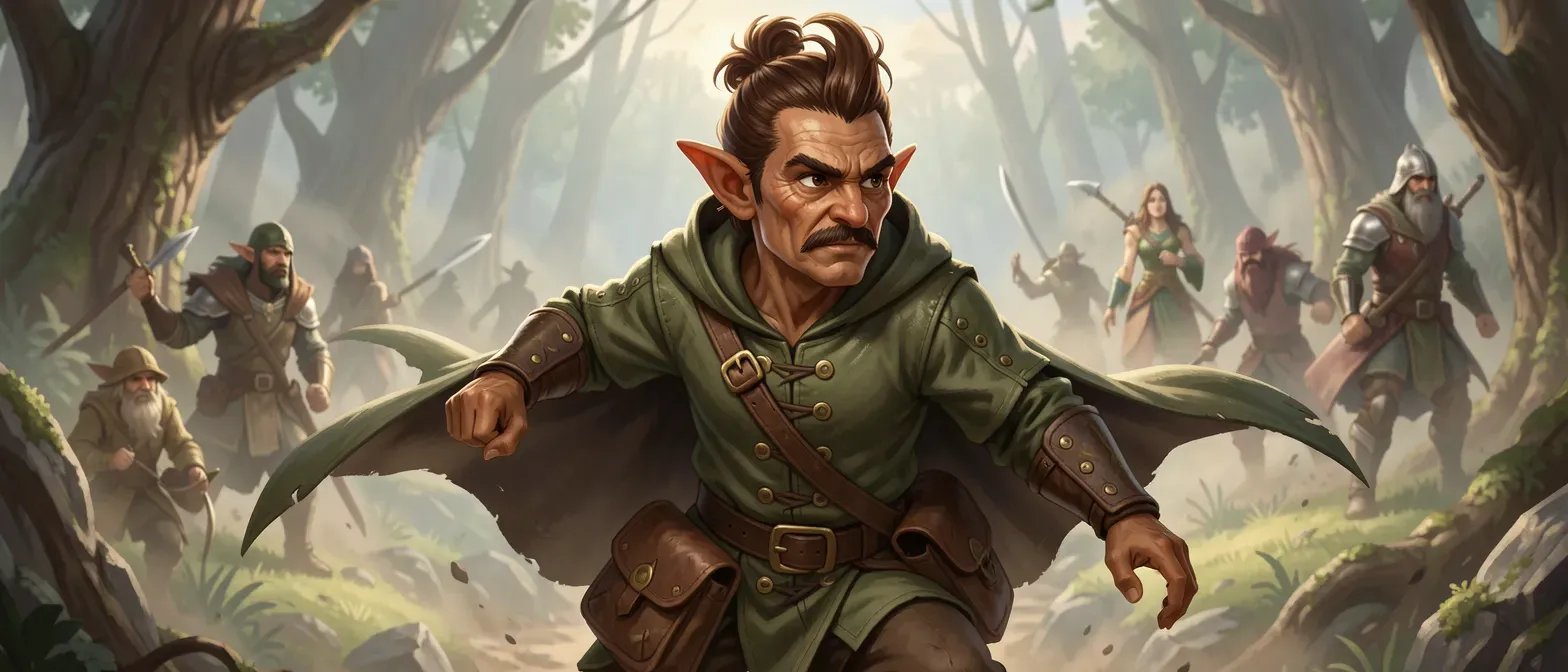 Short halfling ranger, tan-brown skin, weathered narrow face, chestnut topknot hair, dark hazel eyes, trimmed mustache. Wears olive-green leather jerkin, brass eyelets, belt satchel, hooded cloak.