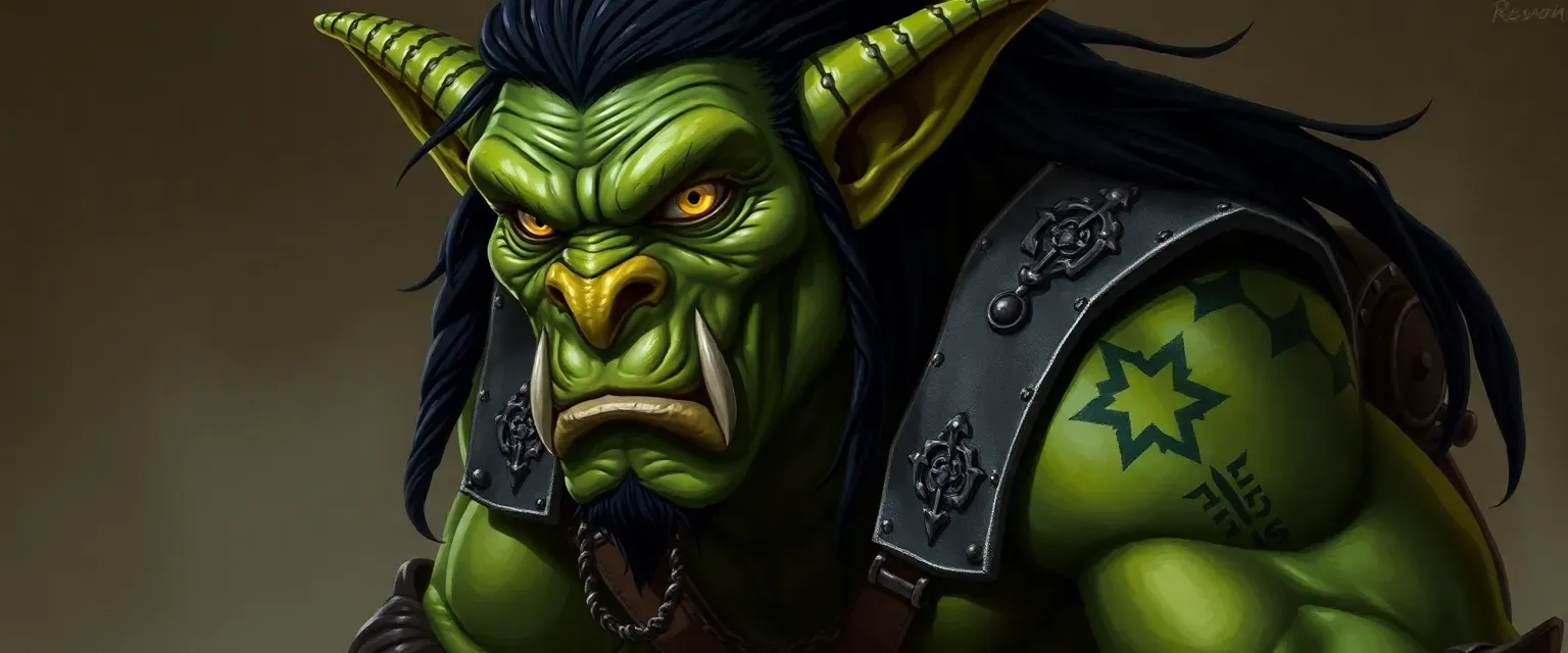 A muscular hobgoblin with green skin, yellow eyes, and black hair, wearing leather and chainmail with mercenary symbols.
