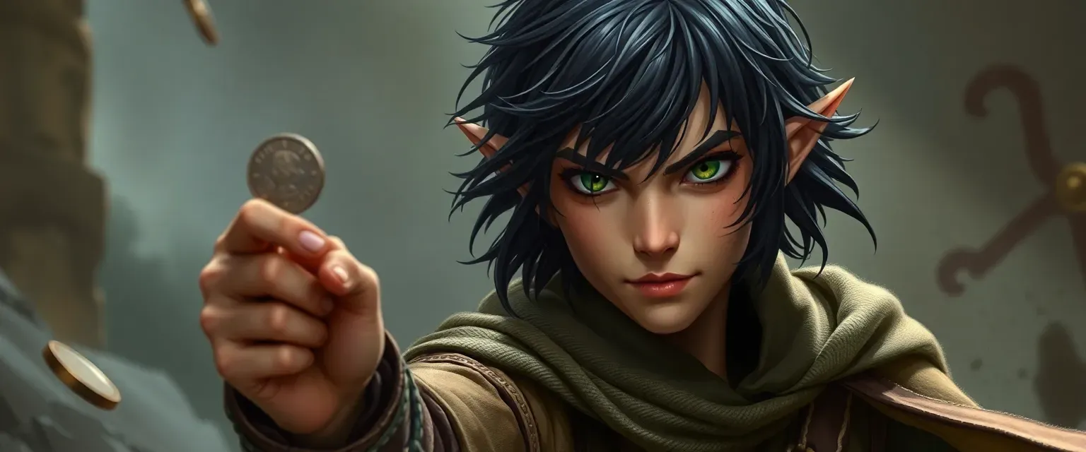 A determined half-elf with dark, messy hair and green eyes, wearing worn leather and a cloak, twirling a coin.