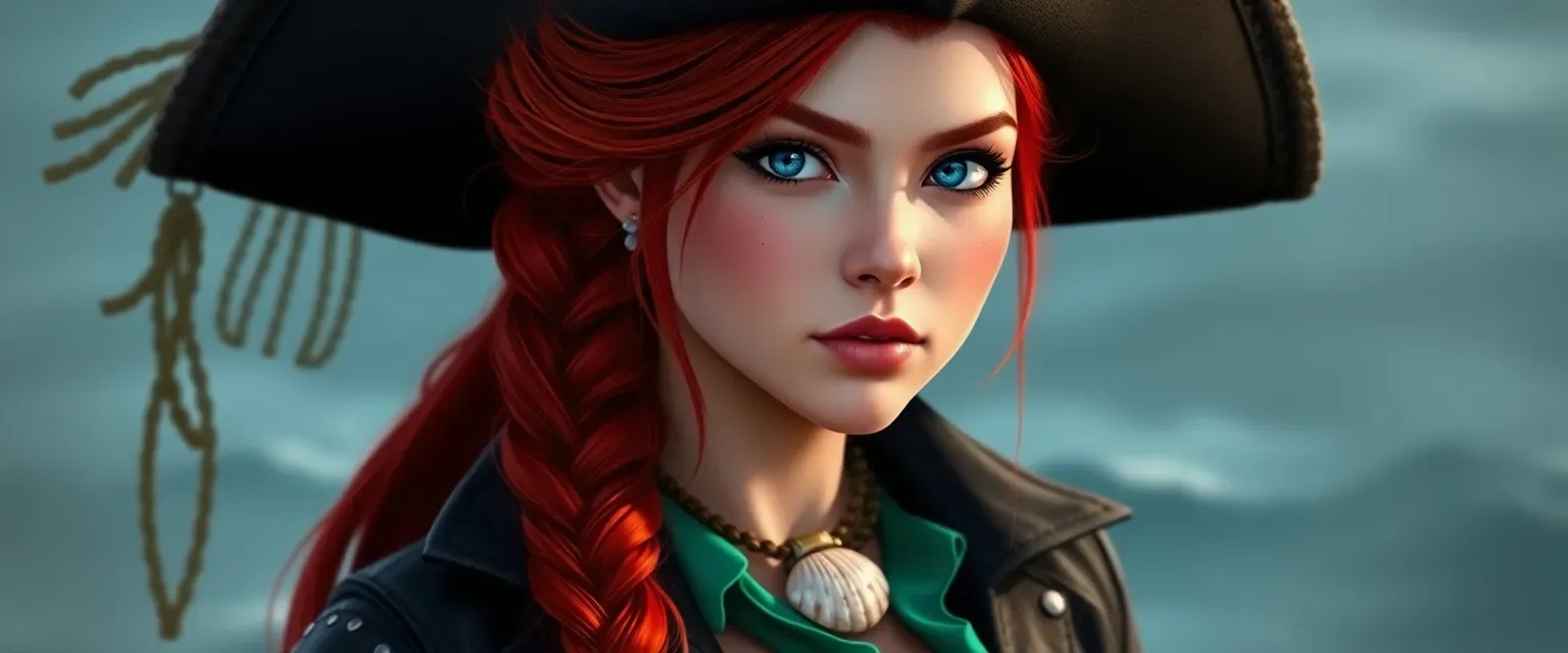 19-year-old pirate with bright red hair in a braid, sharp features, azure blue eyes, wearing fitted pants, emerald blouse, black leather jacket, and a seashell necklace.