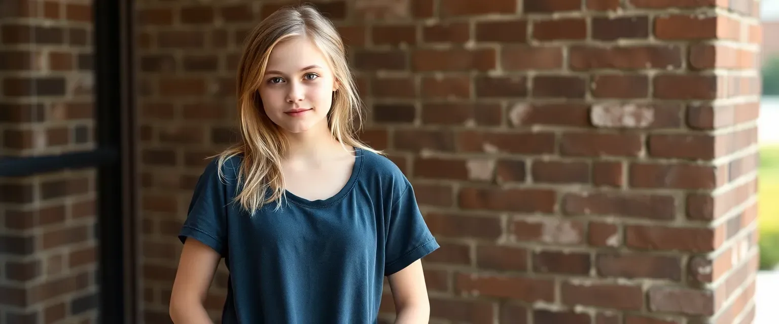 A young teen with blonde hair and tomboyish style; stands at 145 cm tall; prefers shorts dresses over traditional feminine attire.