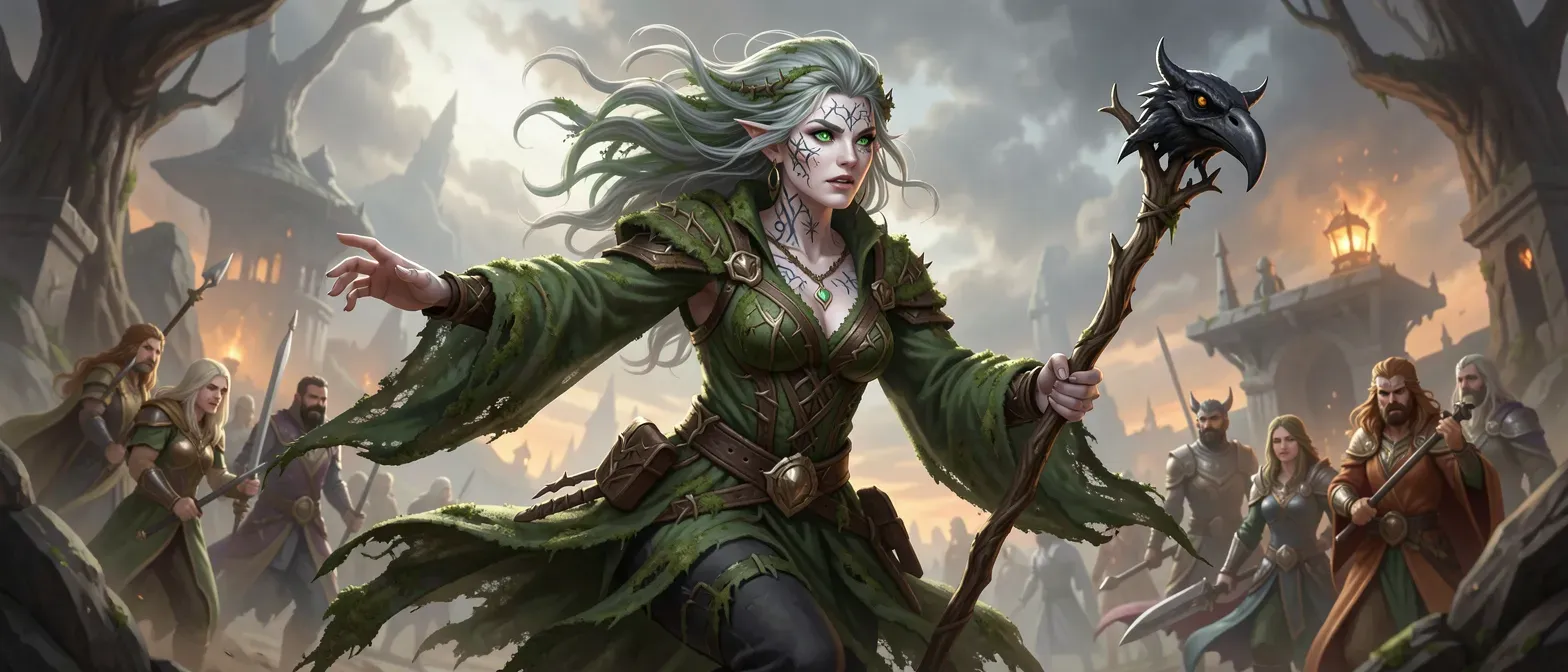 Lithe half-elf woman in her mid-30s with pale skin, thorny tattoos, tangled green-silver hair, emerald eyes, wearing moss-stained spider-silk robes and holding a yew staff topped with a raven skull.