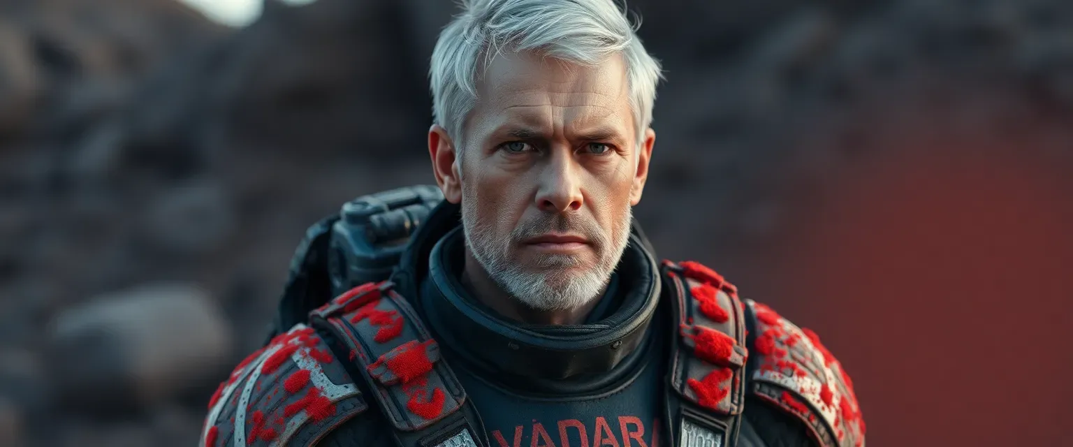 Middle-aged man with silver-streaked hair and blue eyes, wearing a practical exo-suit and boots covered in red dust.