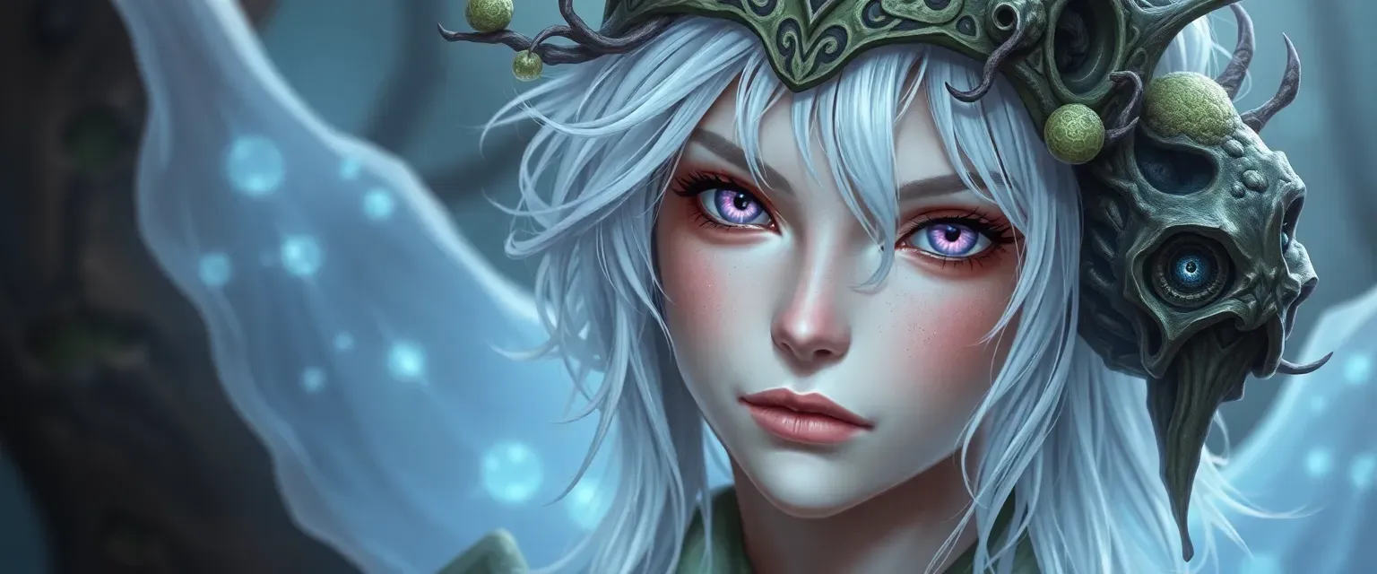 20-year-old druid with pale skin, white hair, violet eyes, and a spore mask. Ethereal and psychic.