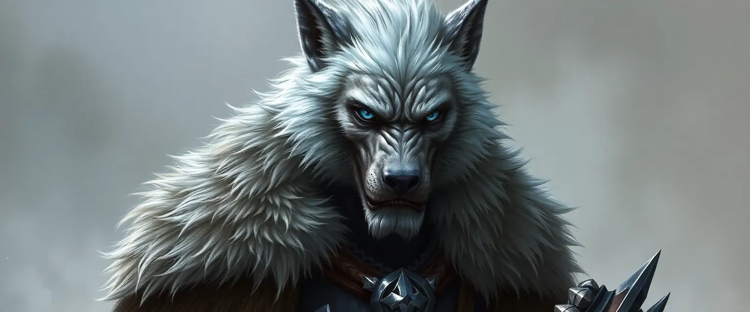 Tall, muscular werewolf with silver hair and ice-blue eyes, wearing a dire wolf fur cloak and iron-fanged armor.