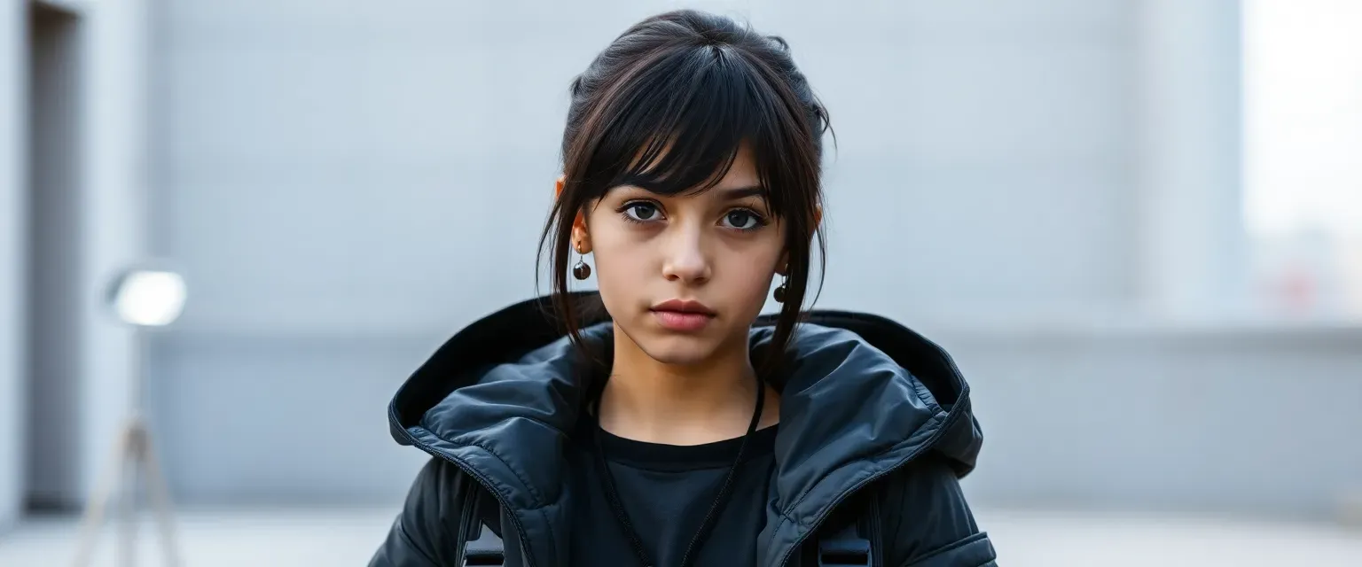 Seventeen-year-old girl with sharp features, dark hair, wearing a tech-infused street outfit, confident stance.