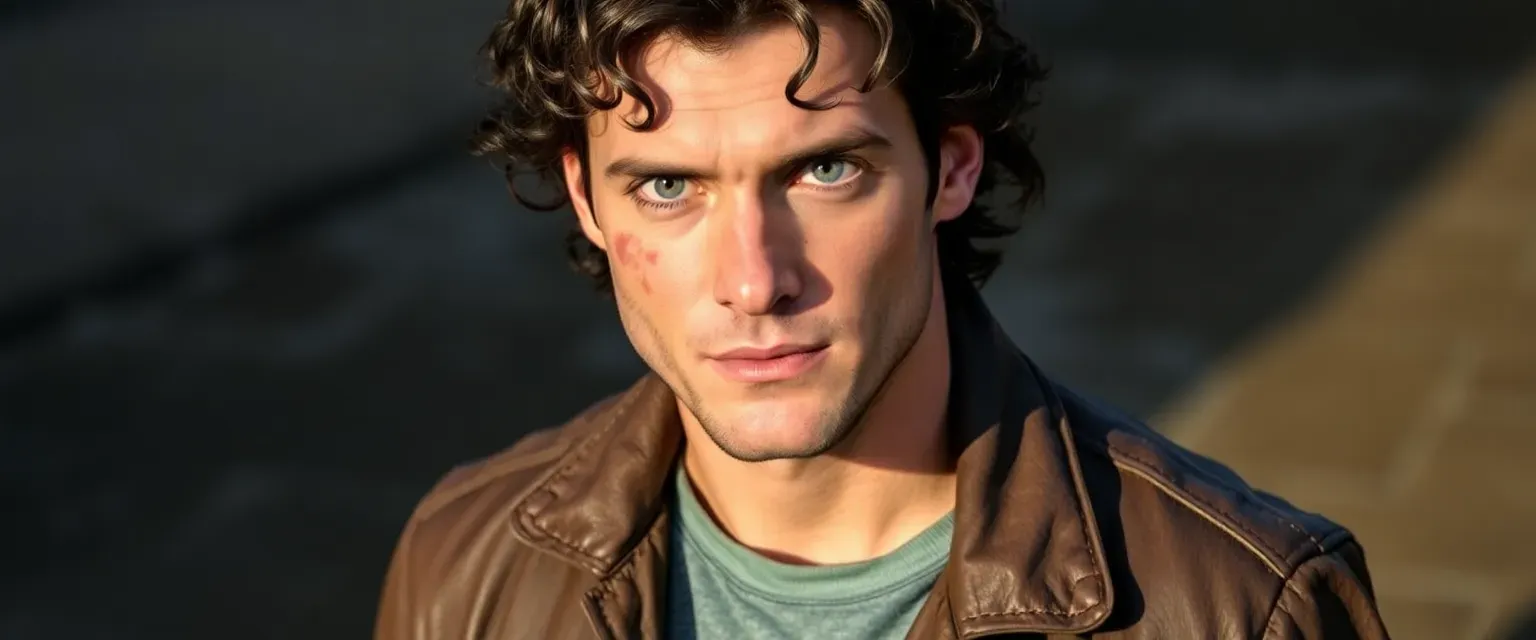 A man in his early thirties with dark, curly hair and piercing blue eyes, wearing a worn leather jacket, faded jeans, and sturdy boots. A scar marks his left cheek.