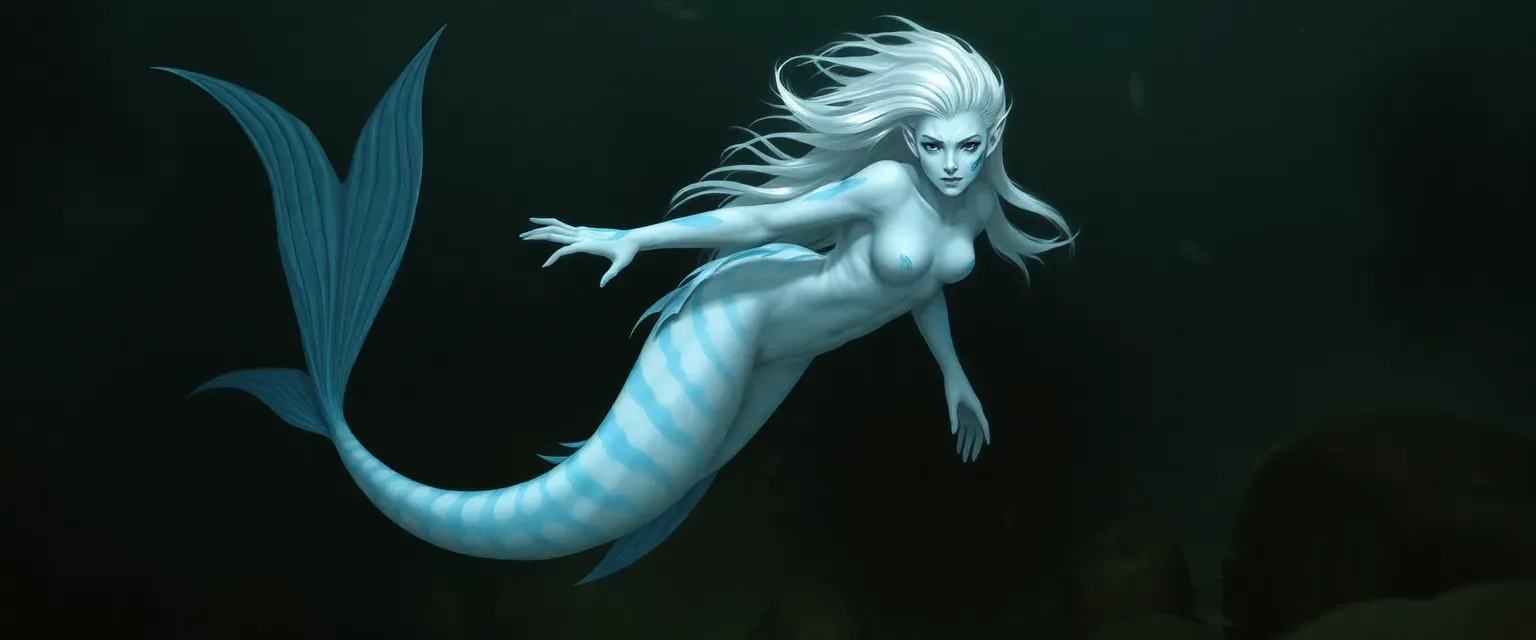 Albino merfolk with blue-striped limbs, sharp fins, white to aqua hair, and a long-finned tail.