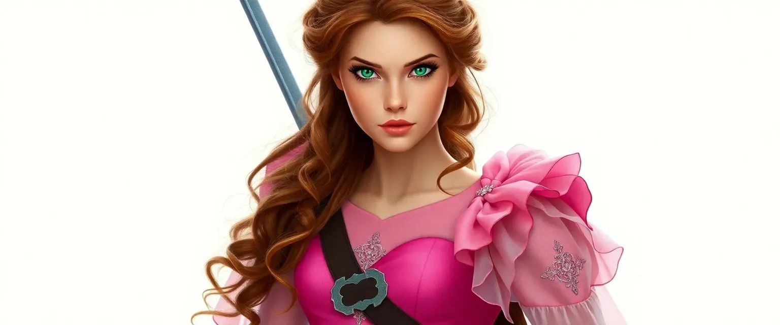 Tall, lanky woman with auburn brown curls, emerald green eyes, wearing a pink princess dress, carrying a sword.