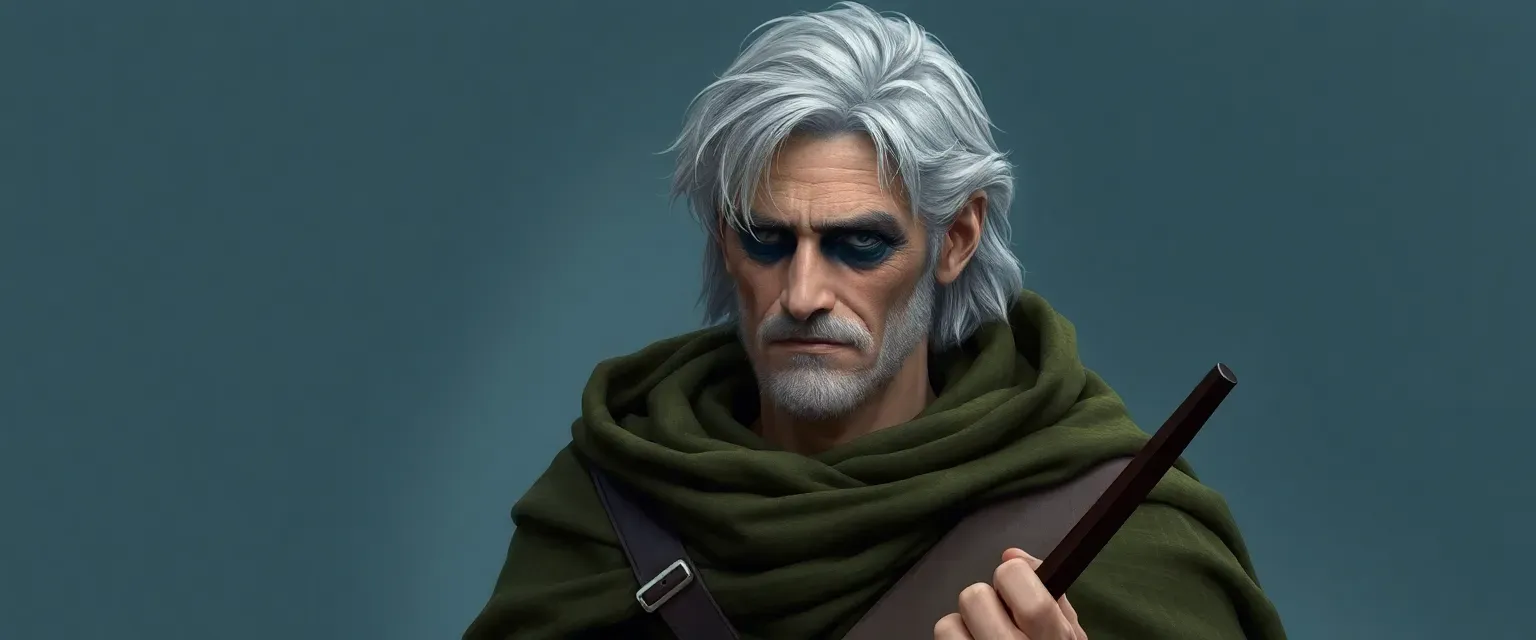 A tall, lean man in his 40s with silver-streaked hair, wearing a green-brown cloak, blind yet skilled with a bow.