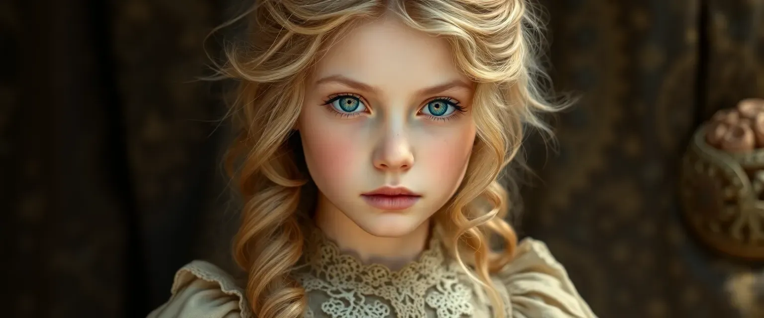 Young girl with pale skin, golden curls, blue eyes, wearing a worn yet elegant frock with lace.