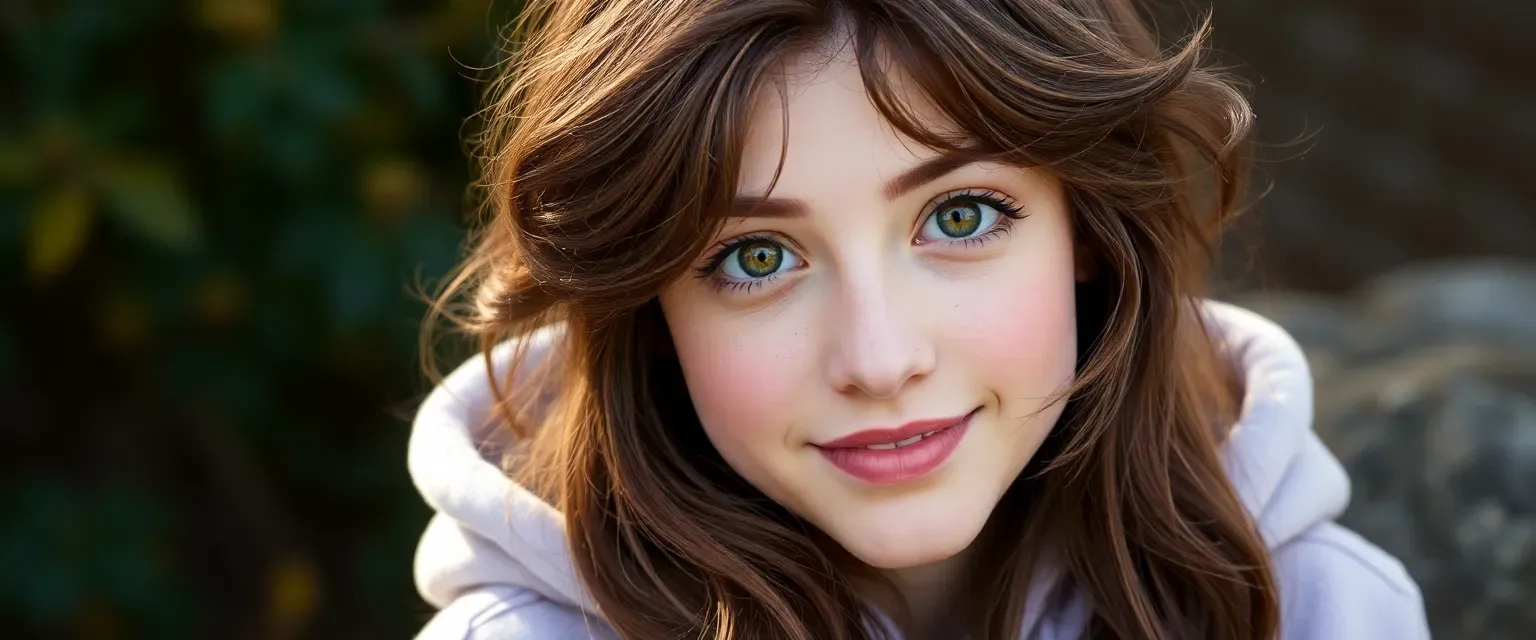 17-year-old Irene with chestnut waves and hazel eyes, often in pastels or hoodies, embodies shy yet bubbly energy.