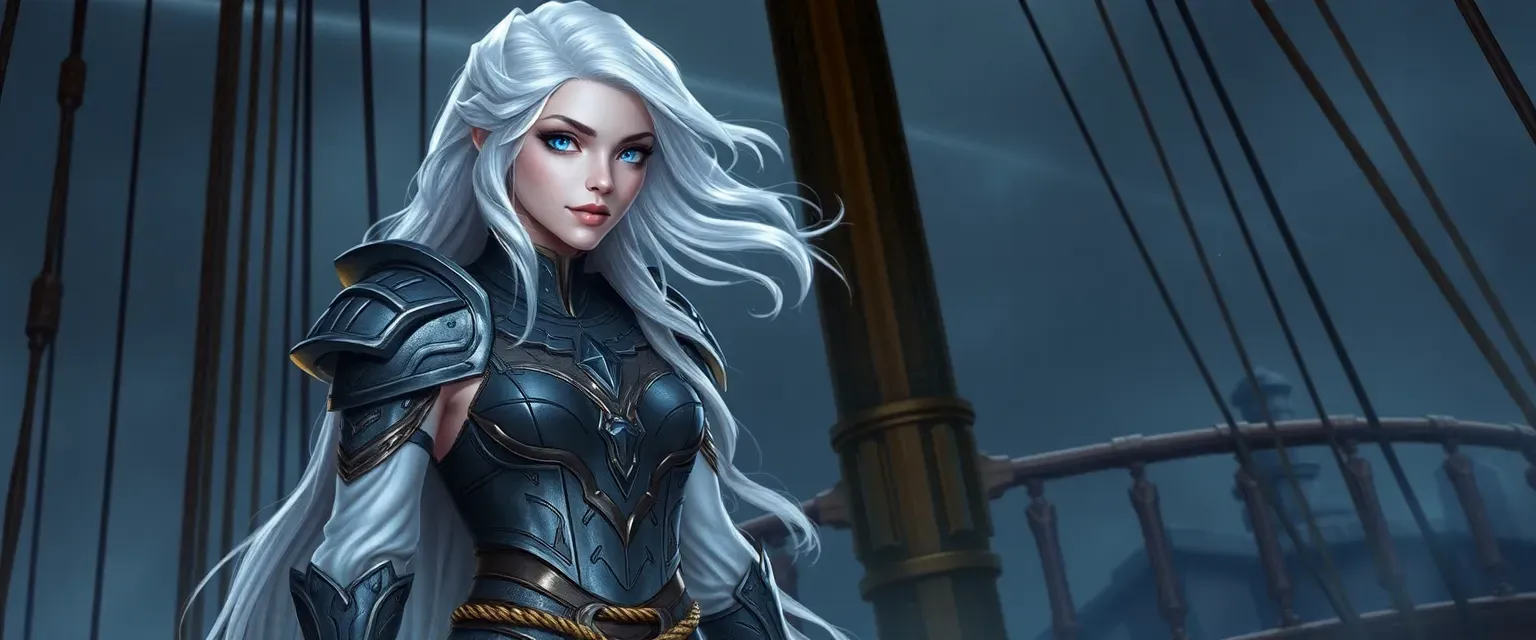 Tall Aasimar woman with glowing skin, silver hair, blue eyes, wearing a mix of armor and flowing robes, standing on a ship's deck.