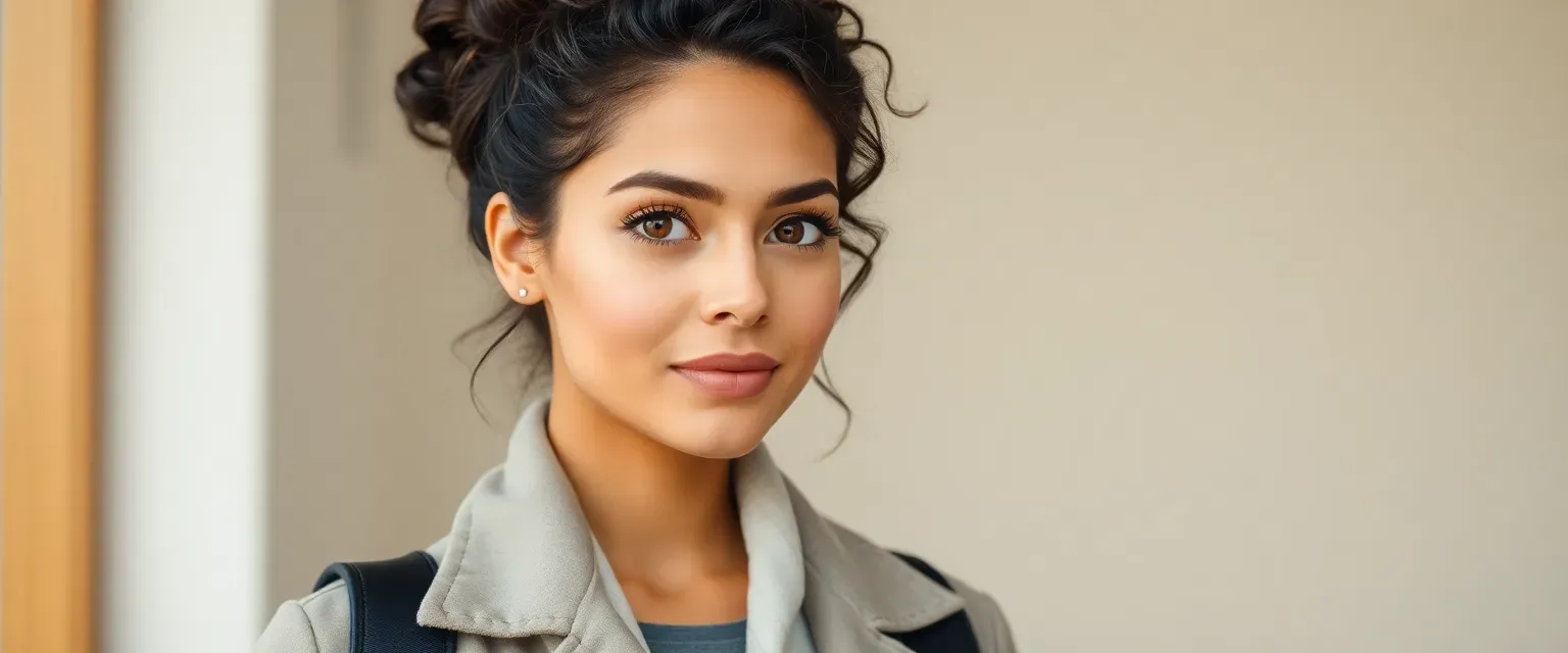 28-year-old woman with dark curly hair in a bun, slender, wearing practical stylish clothes, deep brown eyes.