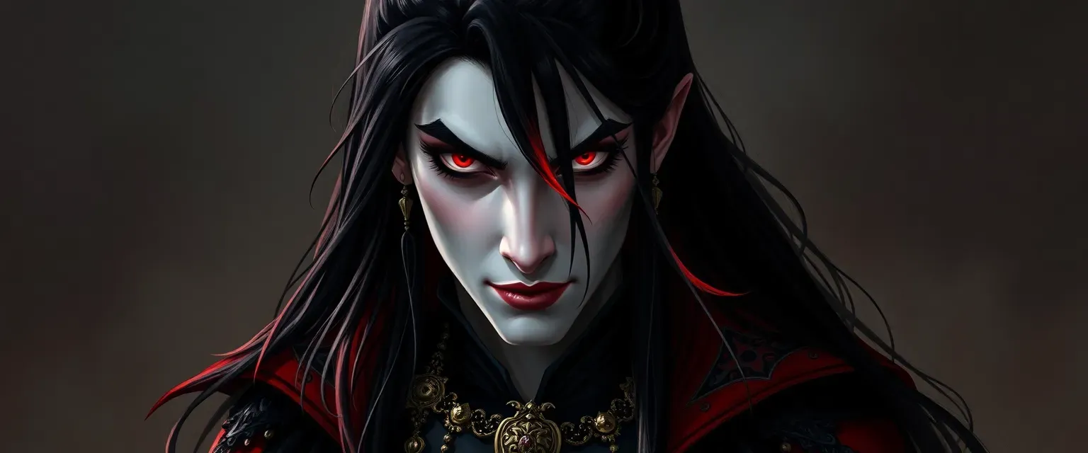 Elegant ancient vampire with long black hair and a red streak, wearing ornate black and red attire.