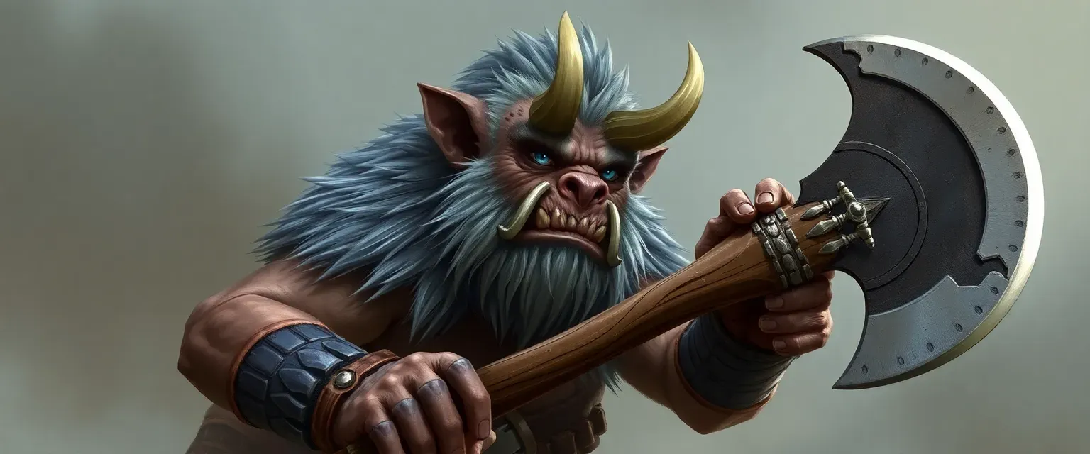 7'4" tall bugbear barbarian, 12 years old, gray fur, blue eyes, scars, wielding a bone-decorated Greataxe.