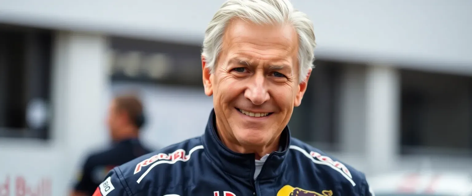 A tall, athletic 74-year-old man with salt-and-pepper hair, wearing a Red Bull Racing suit. Distinguished facial features with laugh lines and determined eyes, carrying himself with the confidence of a champion racer.