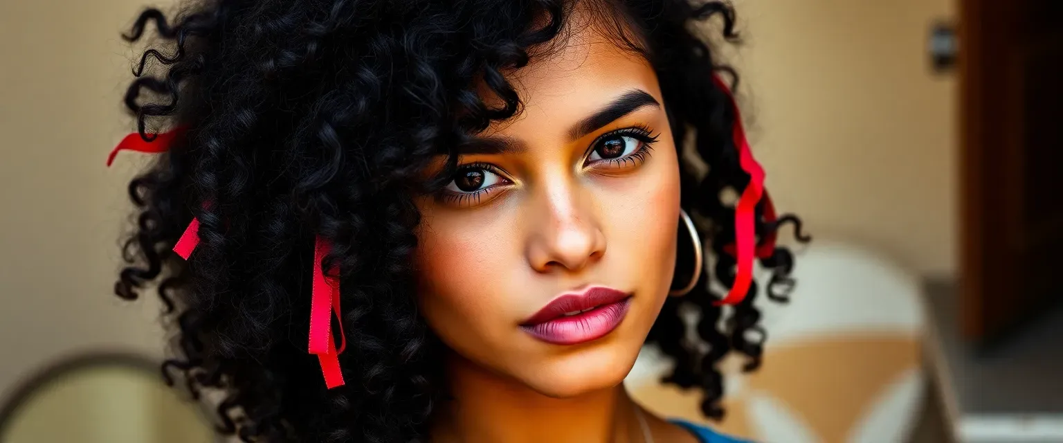 Mid-twenties Latina with olive skin, dark curly hair with vibrant ribbons, and deep brown eyes full of rebellion.