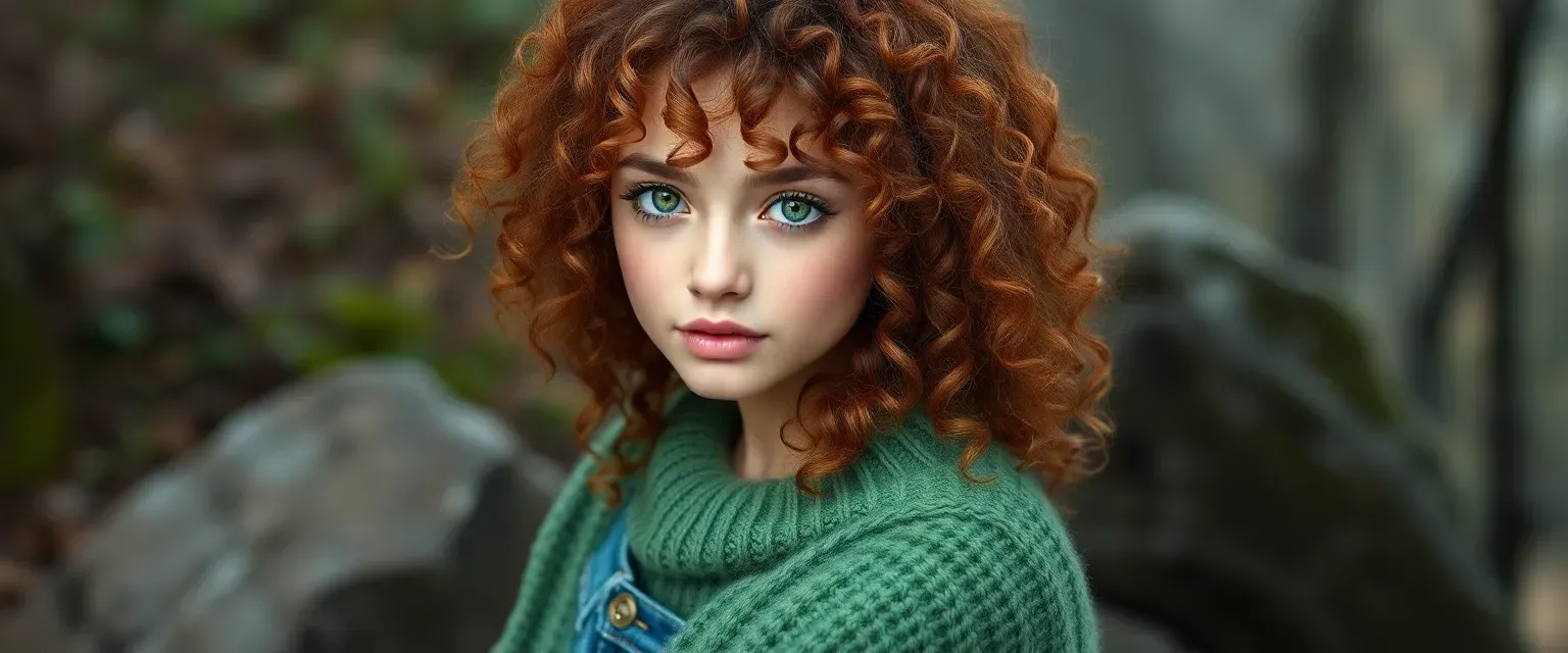 Curly chestnut hair, bright green eyes, wearing a soft green sweater and jeans, embodying a connection to nature.