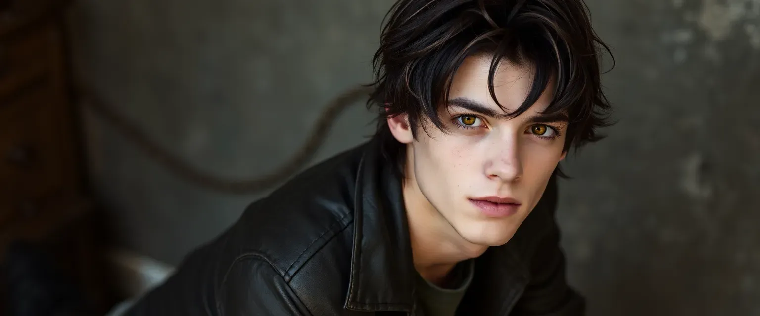 Late twenties, dark messy hair, pale skin, brown baggy eyes, worn leather jacket, plain t-shirt, jeans, scuffed boots.
