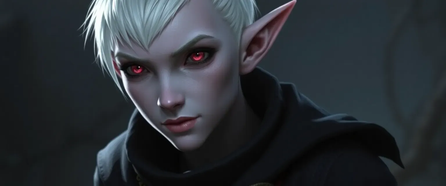 Drow elf with pale red eyes, white crew cut hair, wearing dark, practical clothing, with a least shadow dragonmark.
