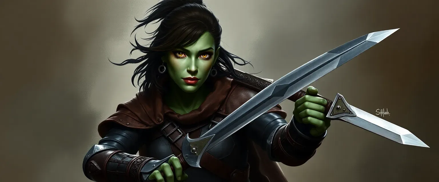 Tall half-orc woman with greenish-gray skin, dark brown hair, amber eyes, wearing leather armor, wielding twin scimitars.