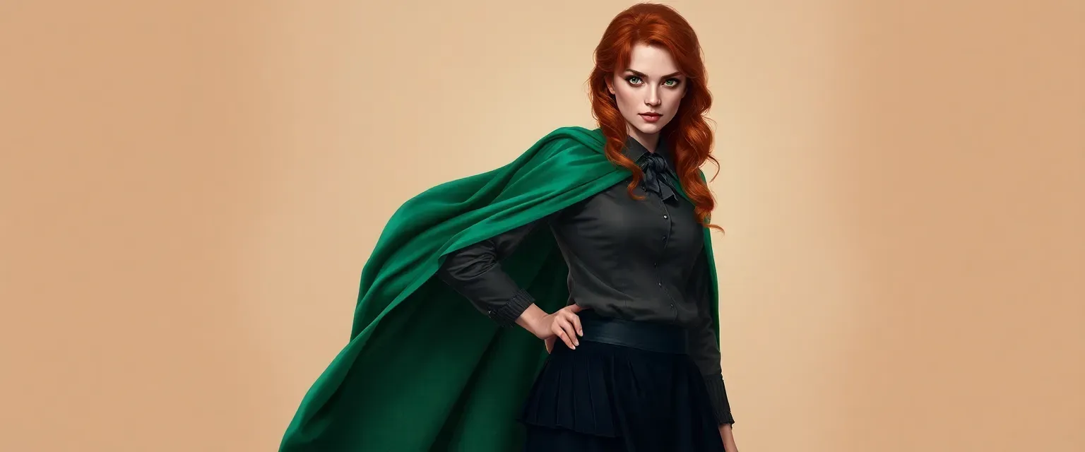 Mid-20s woman with auburn hair and green eyes, wearing a flowing emerald cloak, Victorian blouse, and dark skirt with practical boots.