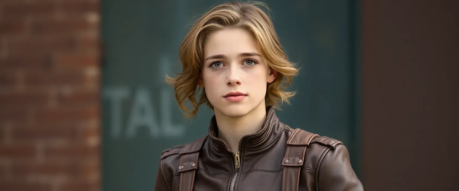 17-year-old Brooks with light brown hair, chocolate eyes, and freckles, wearing Scout leathers.