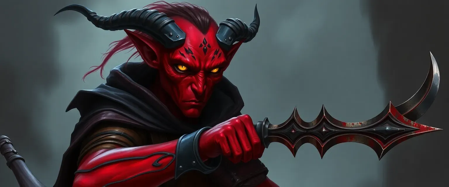 Blood red tiefling with yellow eyes and dark tattoos, wearing a cloak and leather armor, wielding a hex blade.
