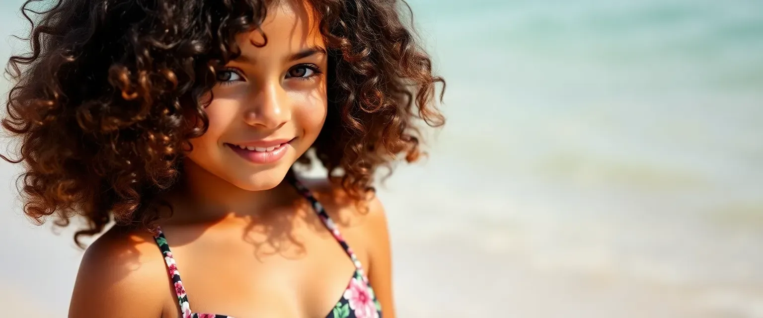 Young girl with dark curly hair and sun-kissed skin, wearing a floral bikini on a beach.